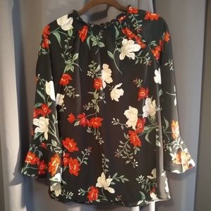 Moody floral bell sleeve ruffle neck blouse
